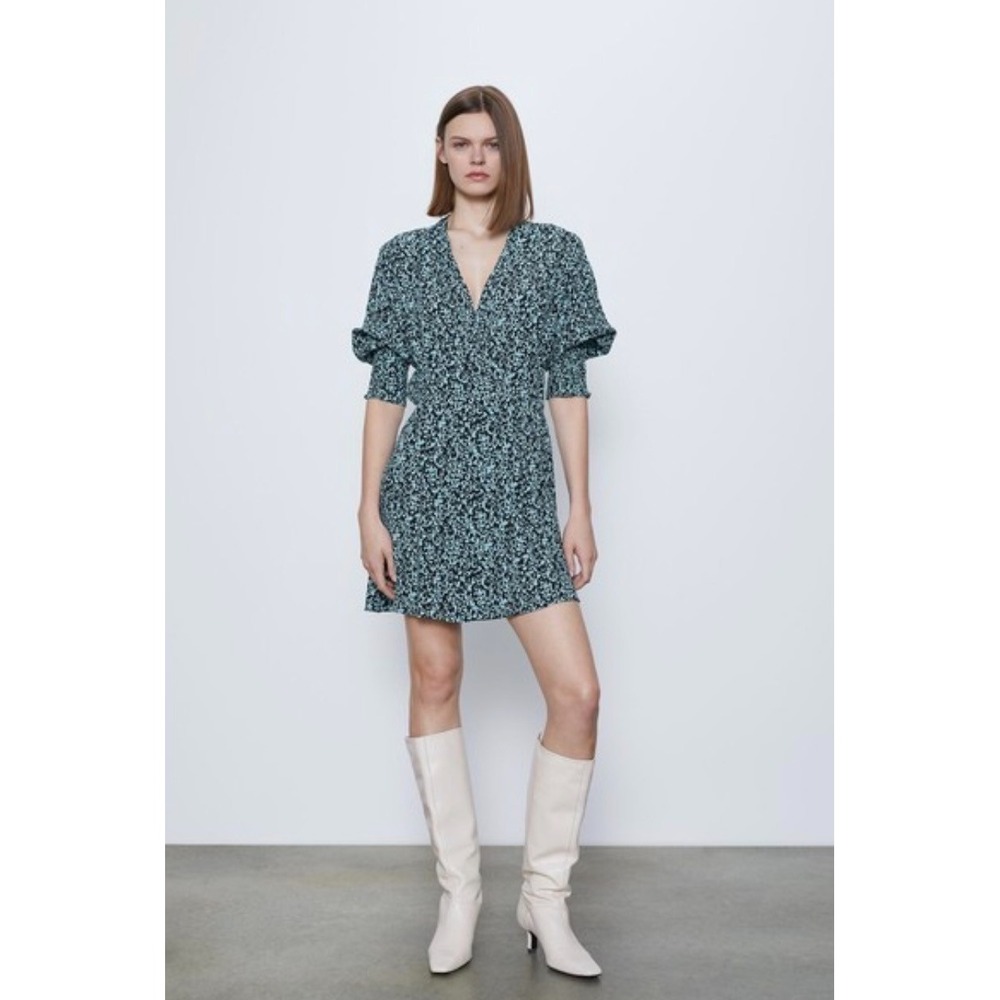 Zara Blue & Black Leopard Print Wrap Mini Dress Women's XS 3/4 Sleeve - Picture 1 of 5